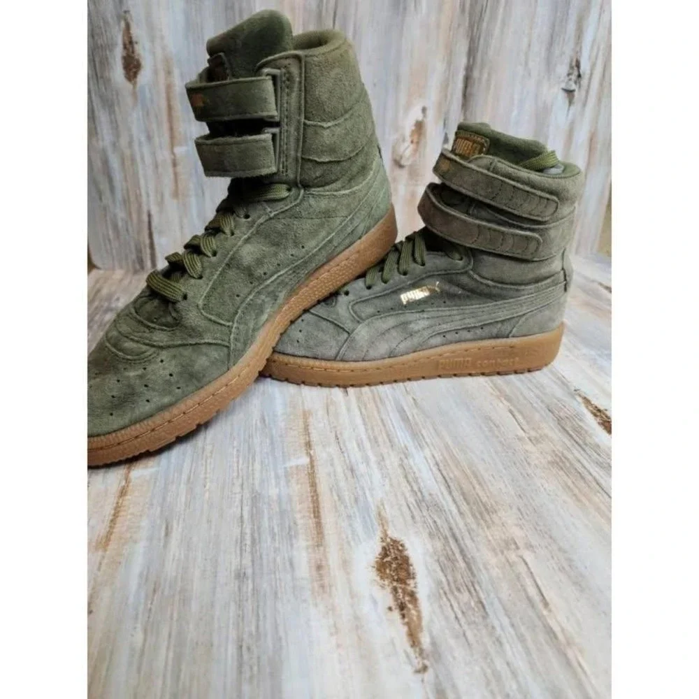 Puma Womens Sky High Top Sneakers‎ Shoes Green Top Leather Lace Up Straps 7.5M